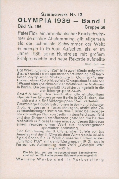 Collector's card Olympics 1936, swimmer Peter Fick