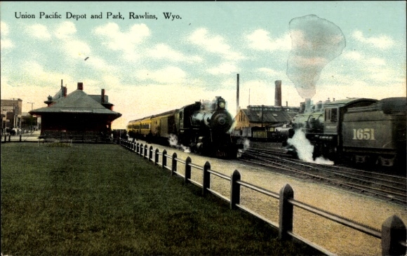 Ansichtkaart Rawlins Wyoming VS, Union Pacific Railroad Depot