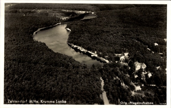 Postcard Berlin Zehlendorf, aerial photograph, Krumme Lanke
