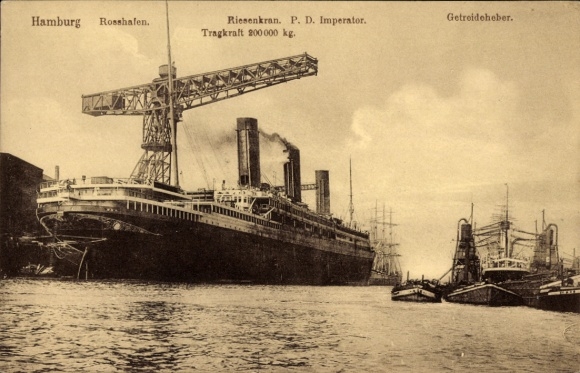 Postcard HAPAG steamer Hamburg (IV), passenger ship, giant crane, PD Imperator, load capacity 200000 kg,