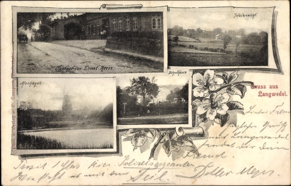 Ansichtkaart Langwedel Sleeswijk-Holstein, Gasthof Ernst Reese, Monhagen, schoolgebouw, totaaloverzicht