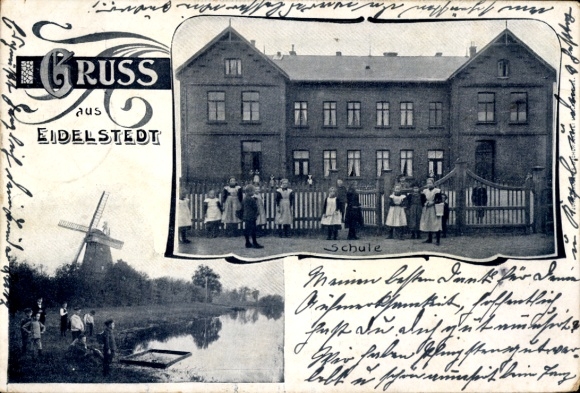 Postcard Hamburg Eimsbüttel Eidelstedt, school, windmill
