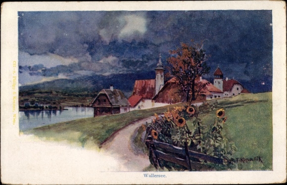 Artist PC Kopallik, F., Henndorf am Wallersee in Salzburg, view of the town, street, houses