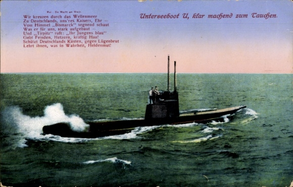 Postcard German warship, submarine preparing to dive