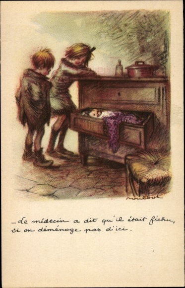 Artist Postcard Poulbot, Franciscque, Baby im Schubkasten, The doctor said he was done for