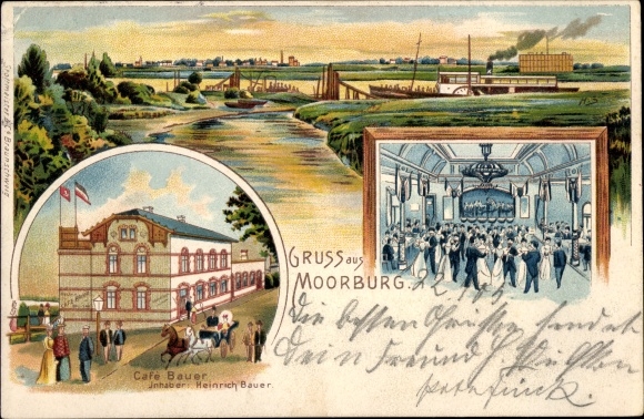 litho Hamburg Harburg Moorburg, overzicht, Café Bauer, danszaal