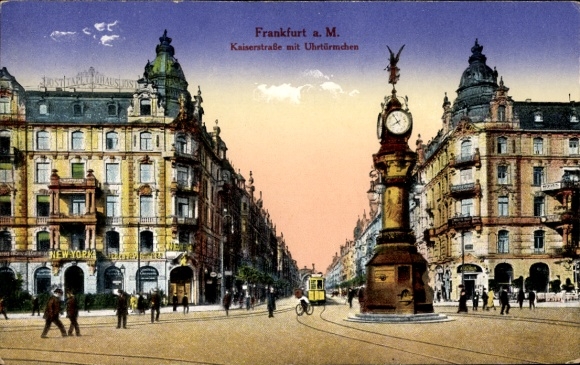 Postcard Frankfurt am Main, Kaiserstraße with clock tower, New York