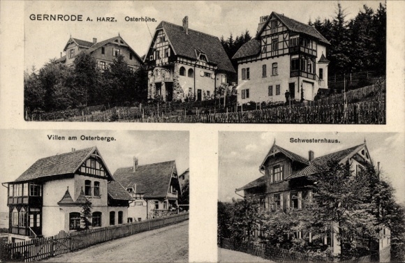 Postcard Gernrode Quedlinburg in the Harz Mountains, Three buildings in villas, sisters' house, architecture