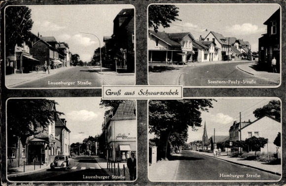 Ak Schwarzenbek in Lauenburg, kwartieroverzicht van straten, begroeting vanaf verschillende straatborden