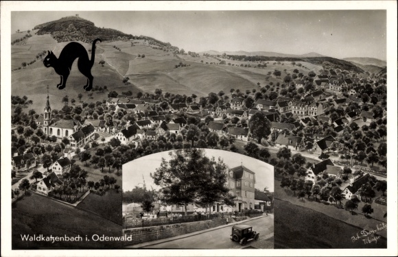 Ak Waldkatzenbach Waldbrunn im Odenwald, Panoramablick auf den Ort mit Gasthaus Katzenbuckel