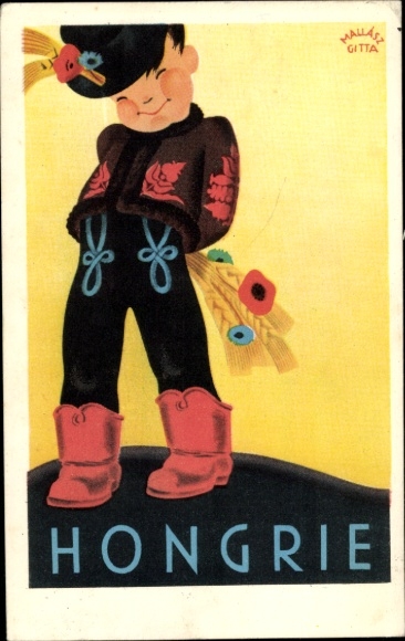 Künstler Ak Gitta, Mallasz, Hongrie, Ungarn, Junge in ungarischer Tracht, Feldblumen