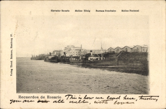 Postcard Rosario Argentina, harbor, Hönig mill, Nacional mill, Sunchales barracks