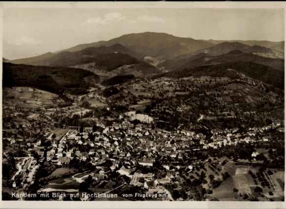 Postcard Kandern in the Black Forest Baden, aerial view of Hochblauen, impressive landscape