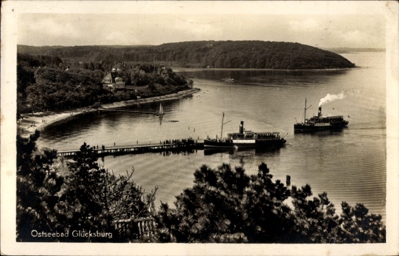 Picture PC Glücksburg on the Baltic Sea, Baltic resort coastal landscape, ships, jetty