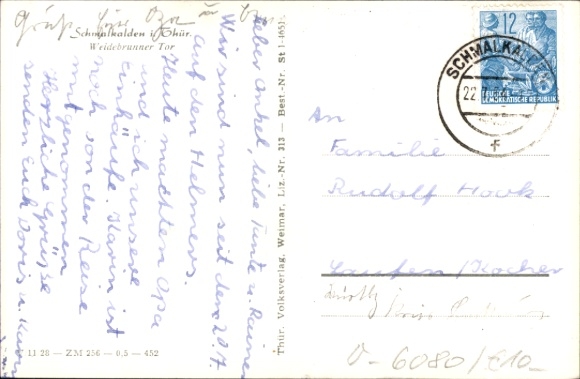 Postcard Schmalkalden, view over Weidebrunner Gate, bridge