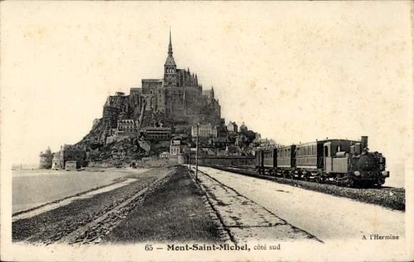 CPA Mont Saint Michel Manche, vue du ville, train