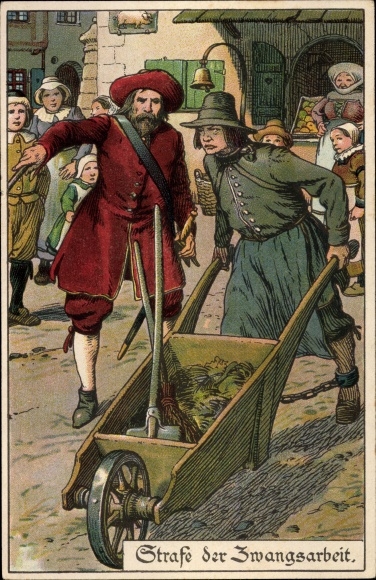 Artist Chromo-Litho Jodolfi, punishment of forced labour, convicted criminal with wheelbarrow, bell of shame