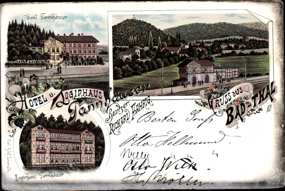 Chromo-Litho Thal Ruhla in the Wartburg district of Thuringia, Logierhaus Tannhäuser, train station, side of the tracks