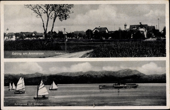 Ansichtkaart Eching am Ammersee Oberbayern, totaaloverzicht, zeilgezelschap, stoomboot