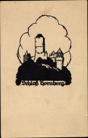 Paper cut Postcard Schwindt, AM, Neckarzimmern in the Neckar Odenwald district, view of Hornberg Castle