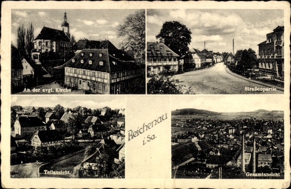 Postcard Reichenau in the Ore Mountains, general view, street section, Protestant church