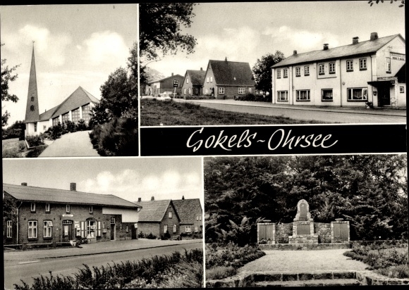 Ak Ohrsee Gokels in Sleeswijk-Holstein, kerk, herberg, oorlogsmonument