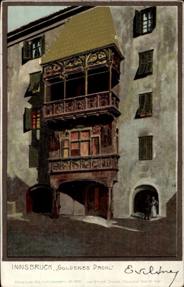 Bedachte kunstenaarsbriefkaart Innsbruck in Tirol, Goldenes Dachl