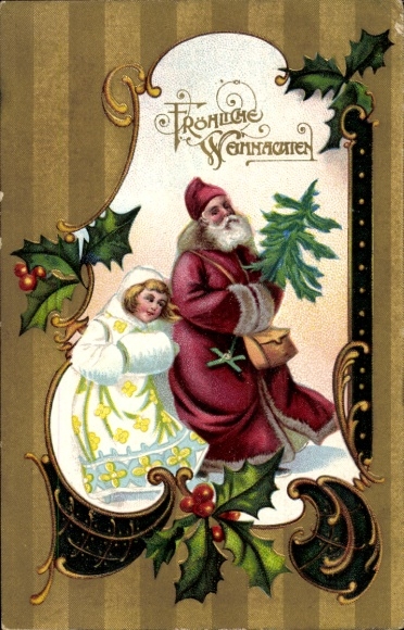 Passepartout Ak Glückwunsch Weihnachten, Weihnachtsmann, Stechpalme, Kind