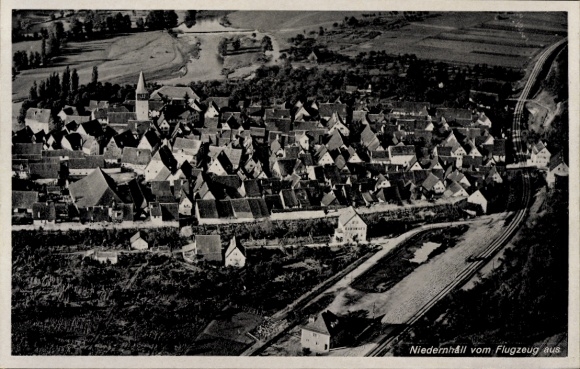 Postcard Niedernhall in Hohenlohekreis, aerial view of town view, houses, church