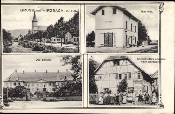 Postcard Hirtzbach Hirzbach Alsace Haut Rhin, train station, spice shop, castle