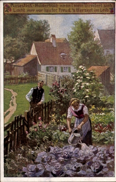 Lied Ak Hey, Paul, Volksliederkarte Nr. 41, Rosestock, Holderblüh, Frau gießt Kohlköpfe