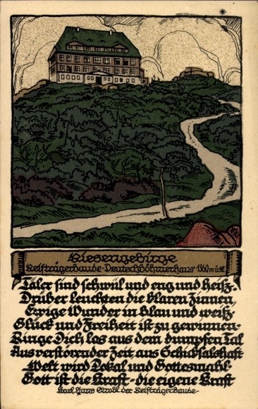 Stone print Postcard Szklarska Poręba Schreiberhau Giant Mountains Silesia, Reifträgerbaude, German Bohemia