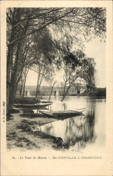 Ak Champigny sur Marne Val de Marne, Schöne Flusslandschaft, Boote auf dem Wasser, Bäume am Ufer,
