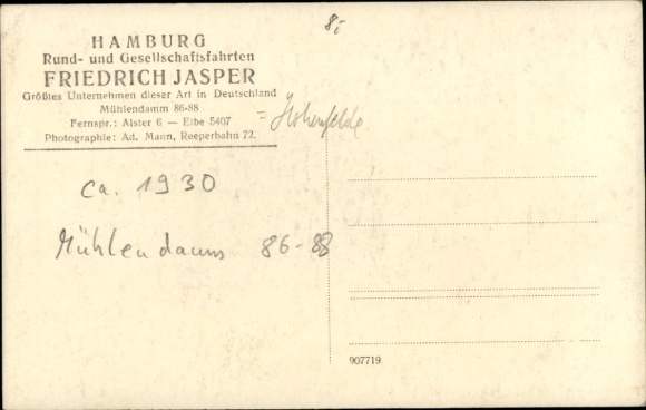 Photo PC Hamburg Hohenfelde, Friedrich Jasper tour bus, Mühlendamm 86-88, passengers, around 1930