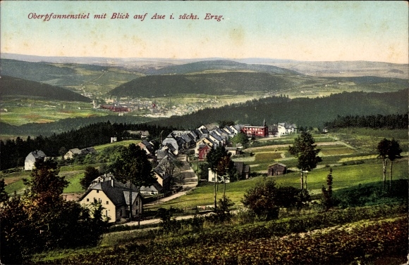 Postcard Oberpfannenstiel Lauter Bernsbach in the Ore Mountains of Saxony, view of the town and floodplain