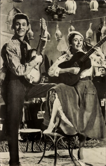 Postcard actress Caterina Valente, actor Silvio Francesco, guitars, Bonjour Kathrin