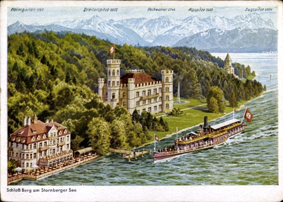Chromo-Litho Berg on Lake Starnberg Upper Bavaria, Berg Castle, steamer