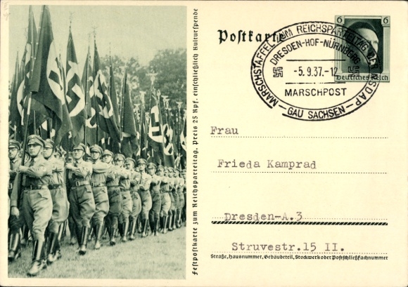 Postal stationery Postcard Nuremberg, Reich Party Rally of the NSDAP 1937, Marching Squadron Gau Saxony