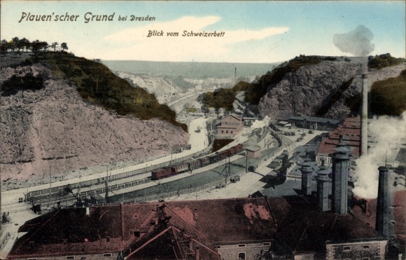 Postcard Dresden Plauen, Plauenscher Grund, view from the Schweizerbett, factory, railway