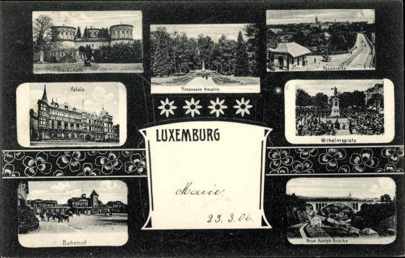 Postcard Luxemburg Luxembourg, Palais, Wilhelmsplatz, Neue-Adolph-Bridge, train station