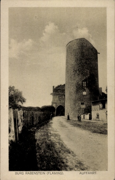 Postcard Rabenstein Fläming in Brandenburg, castle, exterior view, tower, driveway, people