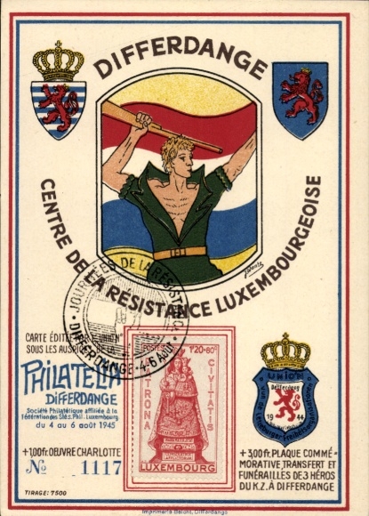 Znaczki pocztówka artystyczna z herbem Differdange Luxembourg, Centre de la Resistance Luxembourgeoise
