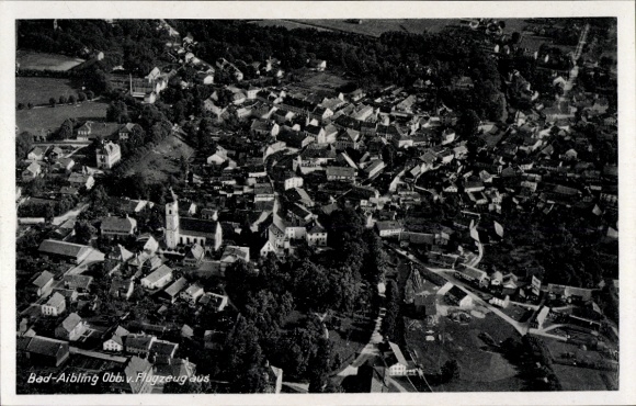 Postcard Bad Aibling in Upper Bavaria, aerial photograph, houses, church, rural surroundings, aircraft photograph