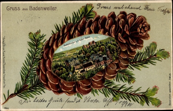 Embossed fir cone Chromo-Litho Badenweiler in the Black Forest, view from the eagle oak
