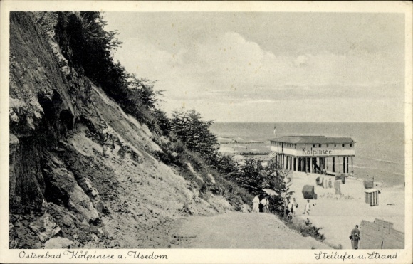 Postcard Ostseebad Kölpinsee on Usedom, beach view, steep bank