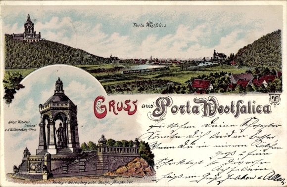 litho Porta Westfalica, Monument voor keizer Wilhelm I, Wittekindsberg, Panorama