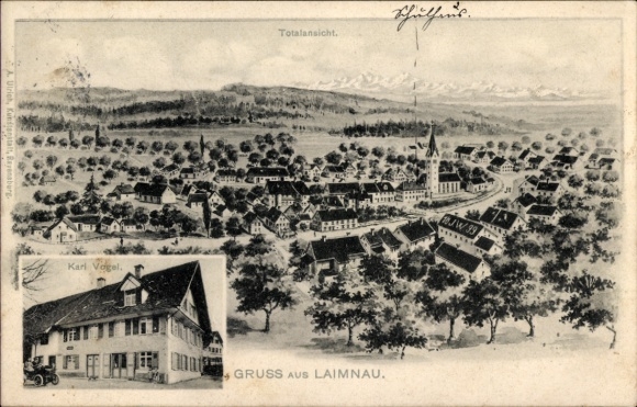 Ak Laimnau Tettnang in Württemberg, Gesamtansicht, Geschäftshaus Karl Vogel