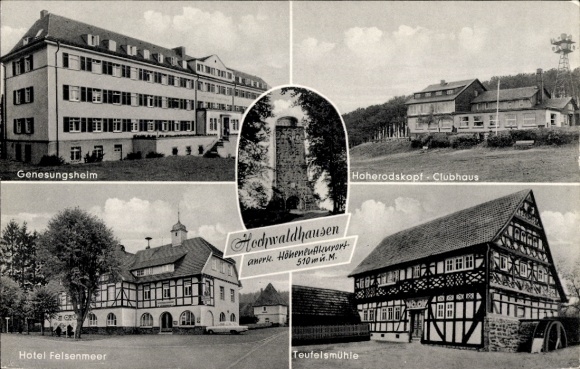Postcard Hochwaldhausen Grebenhain in the Vogelsberg district, convalescent home, Hoherodskopf clubhouse, Teufelsmühle