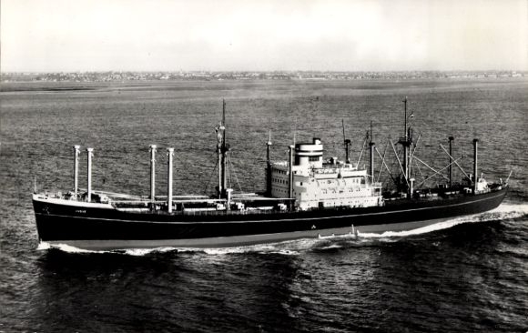 Postcard steamer SS Andyk, view portside, cargo ship, Holland America Line, HAL