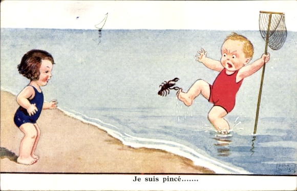 Artist Postcard Wills, John, Children on the beach, cancer pinches toe